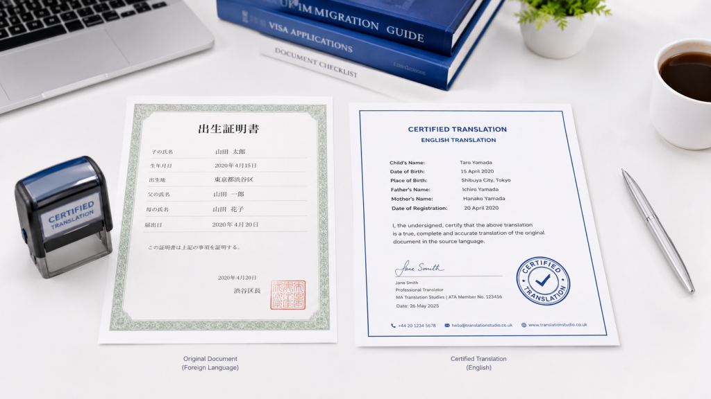 Foreign-language birth certificate beside its completed English certified translation